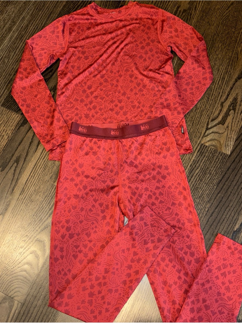 REI Kids Red tree-Print Long John base layer Set unisex M 10-12
